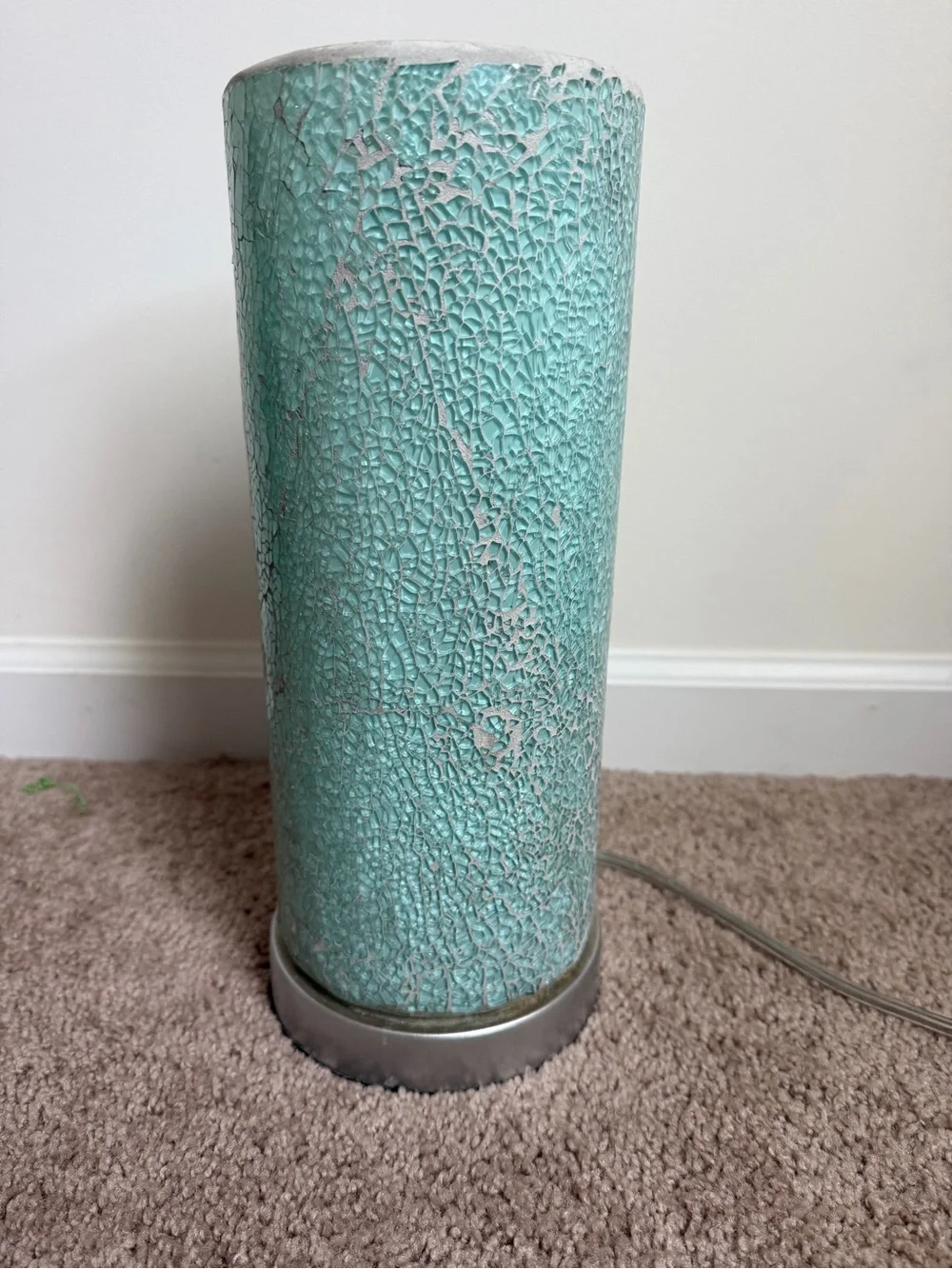 Turquoise Aqua Crackle Glass Cylinder Table Lamp Mid Century Style Light 13